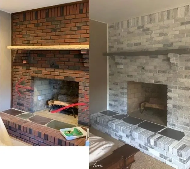 A Photo of Before and After Painted Fireplace