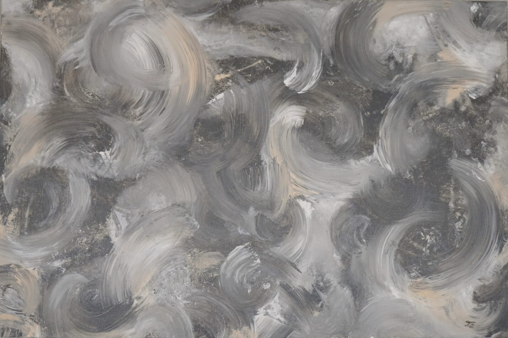 Creative Chaos Acrylic in waves of Charcoal Grey white and pastel coral.