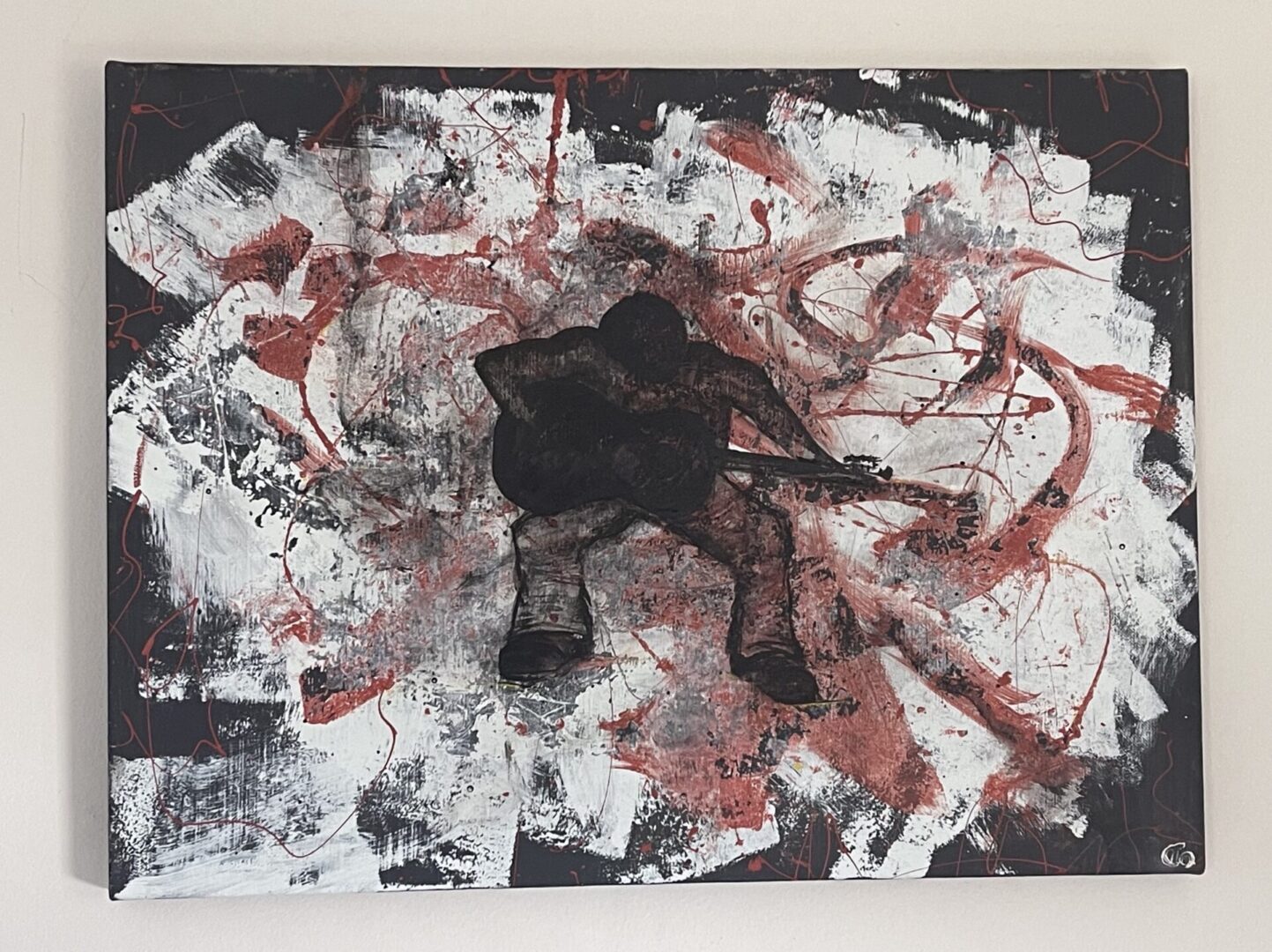 Abstract painting of musician playing guitar.